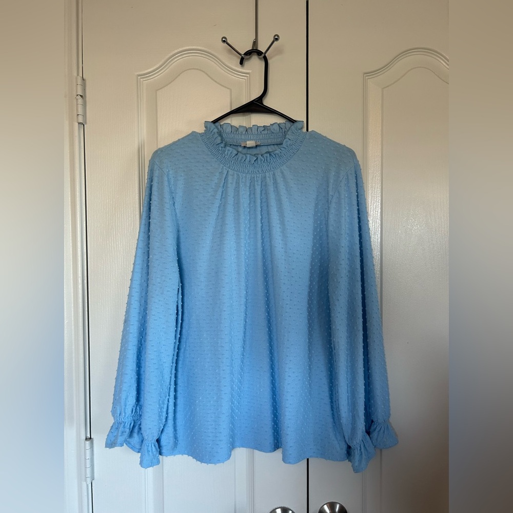 J Crew Light Blue Swiss Clip Dot Ruffle Collar 3/4 Sleeve Blouse Popover Top